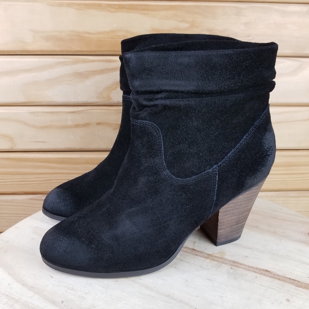 Distressed Biker Western Boots 10M Black Suede/Leather Slouch Heeled Pull-on NEW